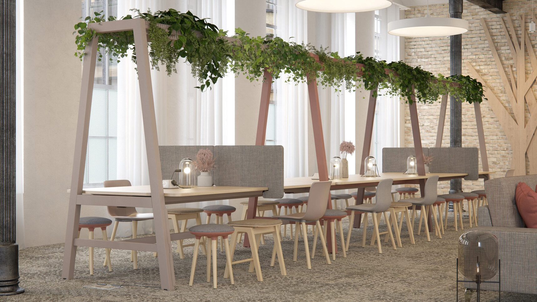 Elite Office Furnished Alto Canopy Low Benchs With Support Frame Praline Finish In Office Setting