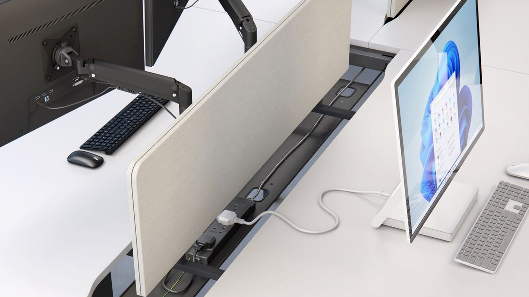 Elite Matrix Plus + Double Bench Desk With Sliding Top White Top Detail Image Of Screen