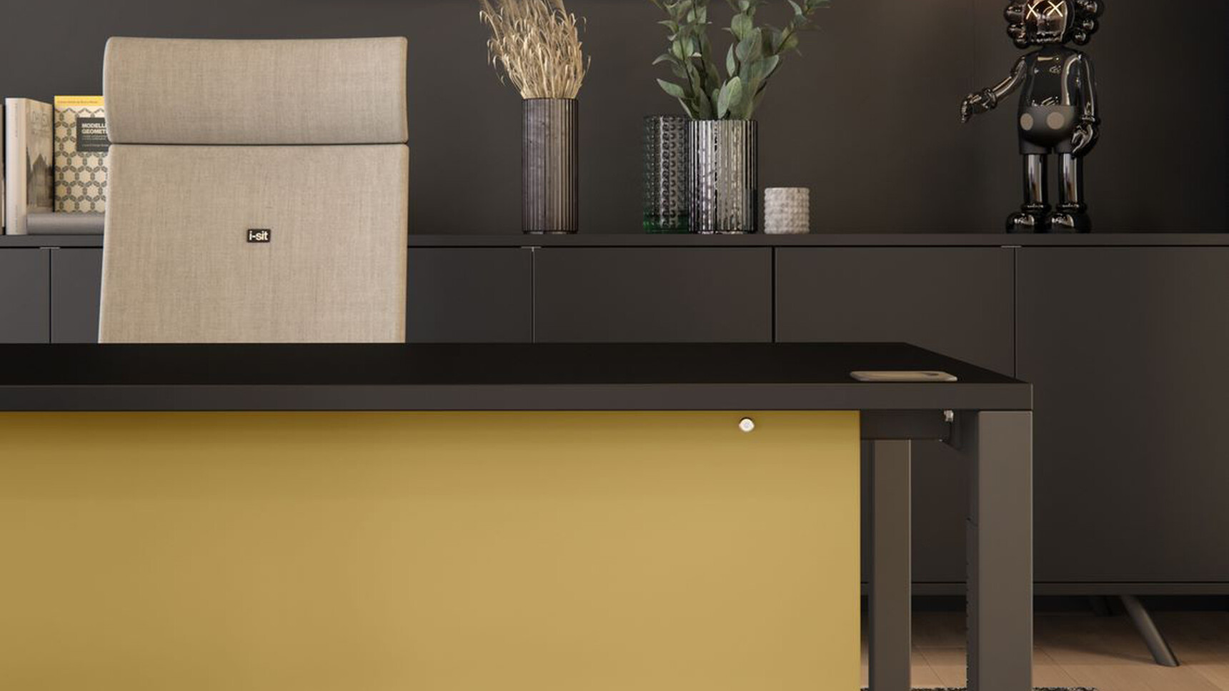 Elite Matrix Plus + Rectangular Desk Black Finish Yellow Modesty Panel Detail Image
