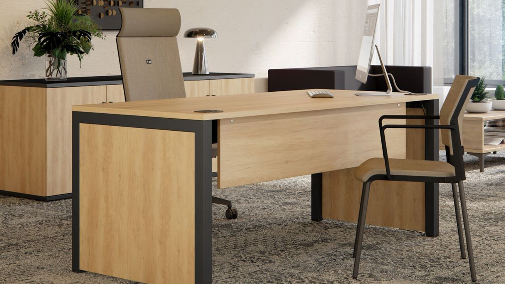 Elite Matrix Plus + Rectangular Desk Wood Finish Black Frame With Chairs Family Image