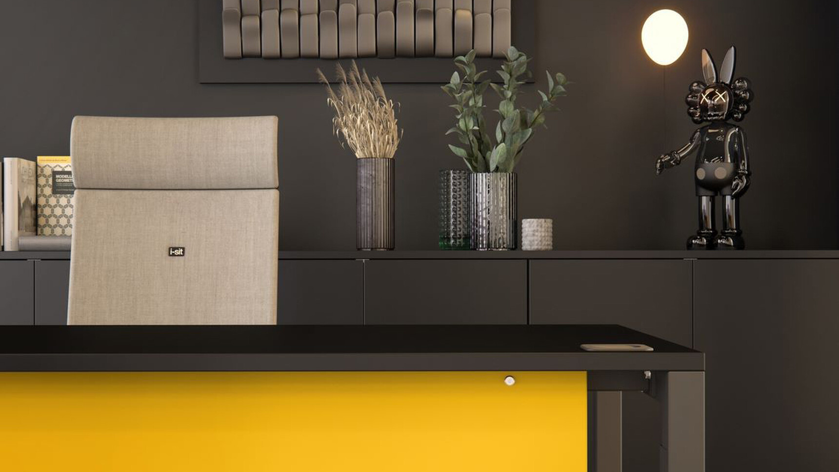 Elite Matrix Plus + Rectangular Desk Black Finish Yellow Modesty Panel i-sit Chair Detail Image