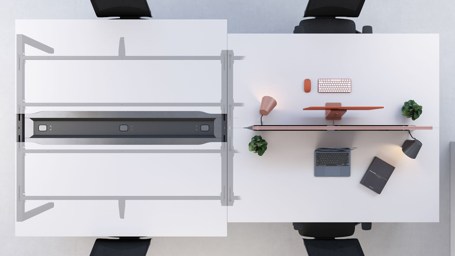 Elite Matrix Plus + Bench Desk With Sliding Tops White Finishes Showing Sliding Tops Overhead Image