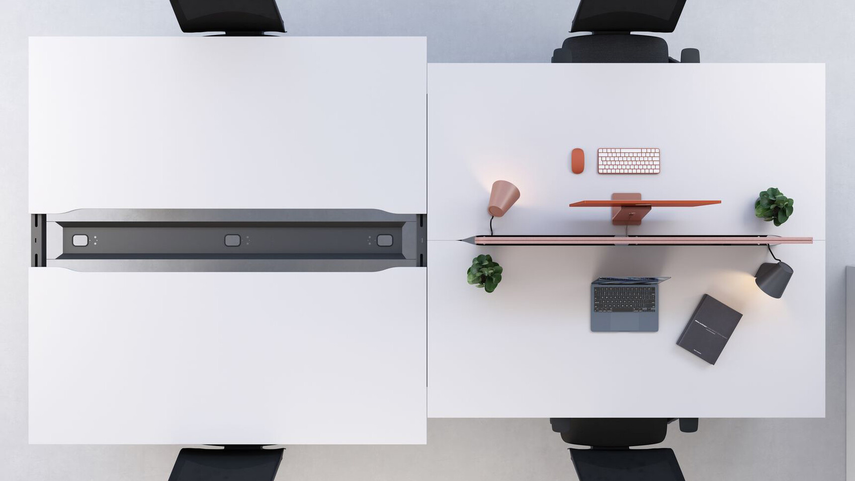 Elite Matrix Plus + Bench Desk With Sliding Tops White Frame Overhead Family Image