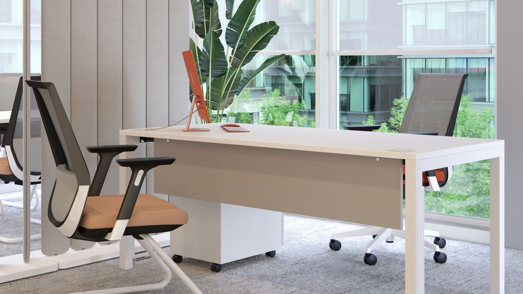 Elite Matrix Plus + Rectangular Desk White Finish Modesty Panel In Office Setting