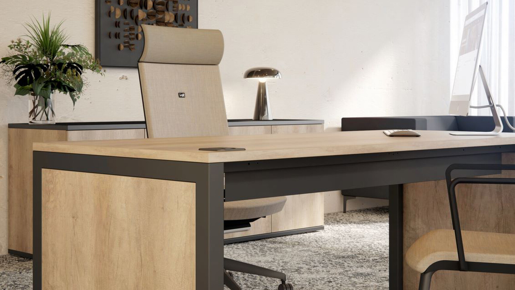 Elite Matrix Plus + Rectangular Desk Wood Finish Black Frame Family Image