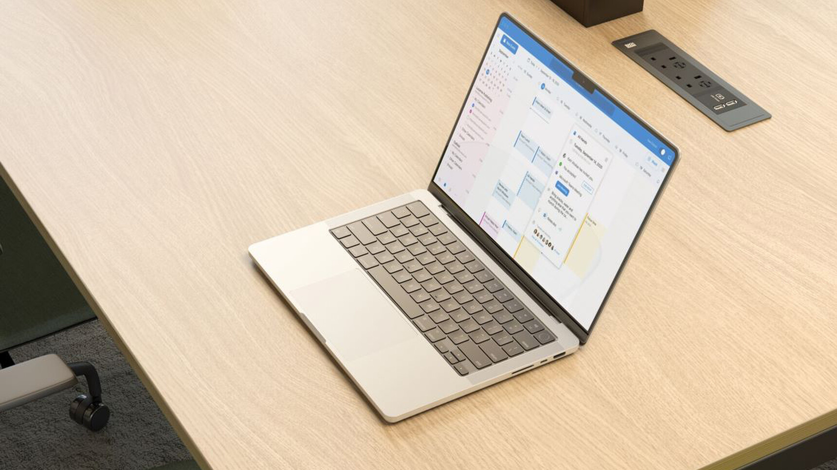 Elite Matrix Plus + Meeting Table Wood Finish With Laptop Detail Image