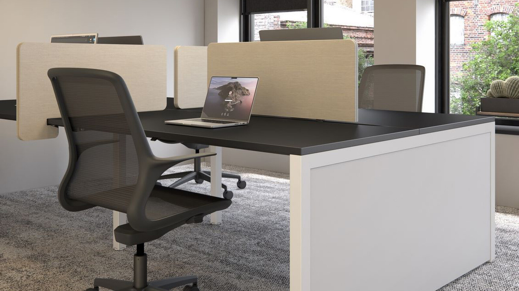 Elite Matrix Plus + Bench Desk With Sliding Tops Black Top Finish White Frame In Office Setting