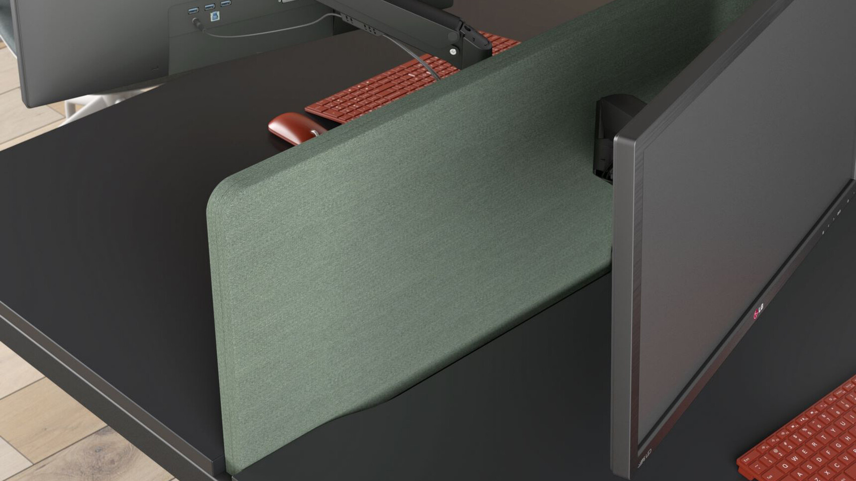 Elite Matrix Plus + Bench Desk With Sliding Tops Black Finish With Screen Detail Image