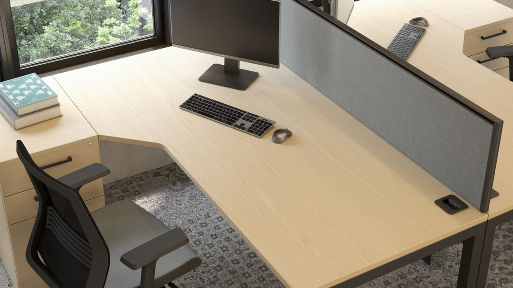 Elite Matrix Plus + Angular Workstation Wood Finishes In Office Environment