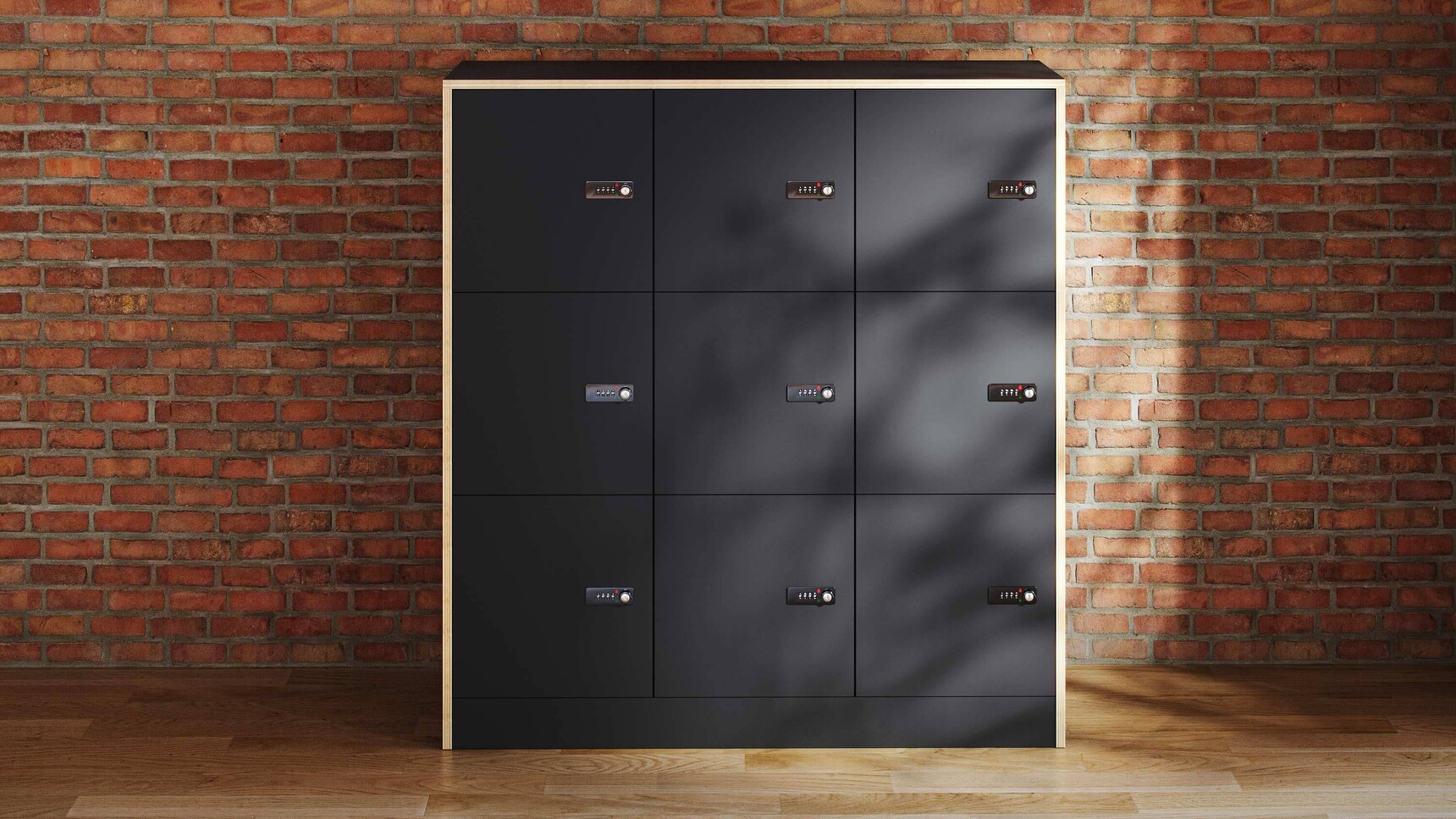 Rawside 3by3 Lockers Black MFC Doors In Office Setting