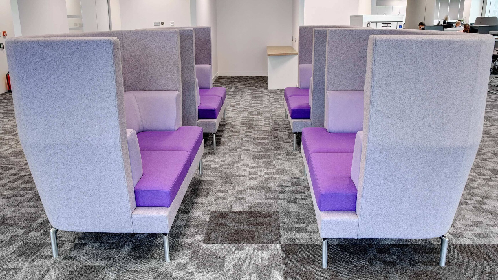 Four Boss Design Entente Two Seater High-Back Sofas Purple Cushions In Office Setting