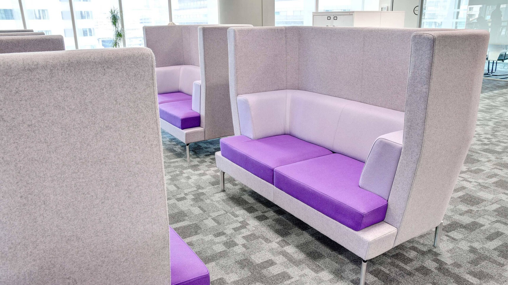 Boss Design Entente Two Seater High-Back Sofas Purple Cushion In Office Setting