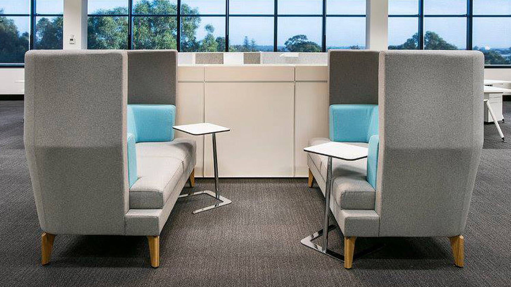 Two Boss Design Entente Two Seater High-Back Sofas Blue Lumbar In Office Setting