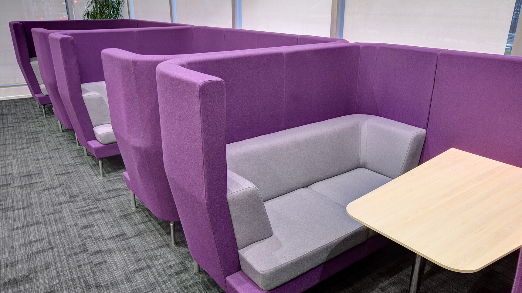Boss Design Entente Two Seater High-Back Privacy Booths Purple Upholstery In Office Setting