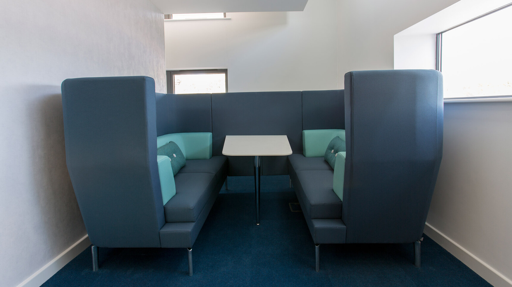 Boss Design Entente Two Seater High-Back Privacy Booth Blue Upholstery In Office Setting