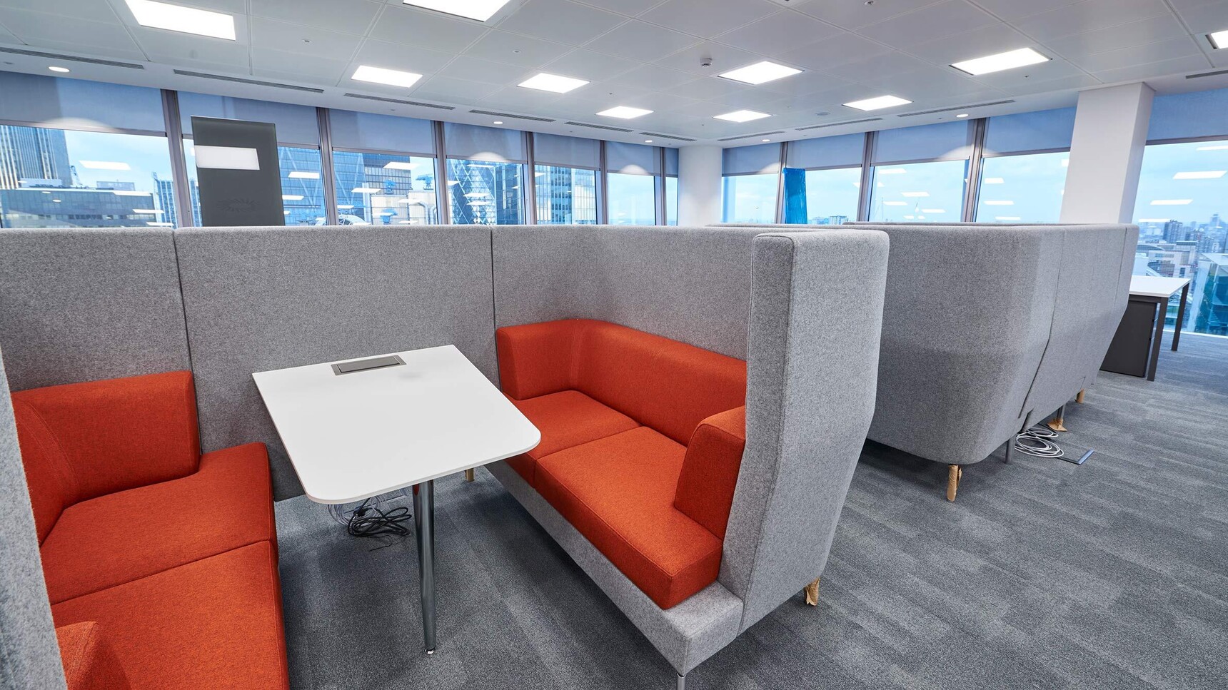 Two Boss Design Entente Two Seater High-Back Privacy Booths Grey Orange Upholstery In Office Setting