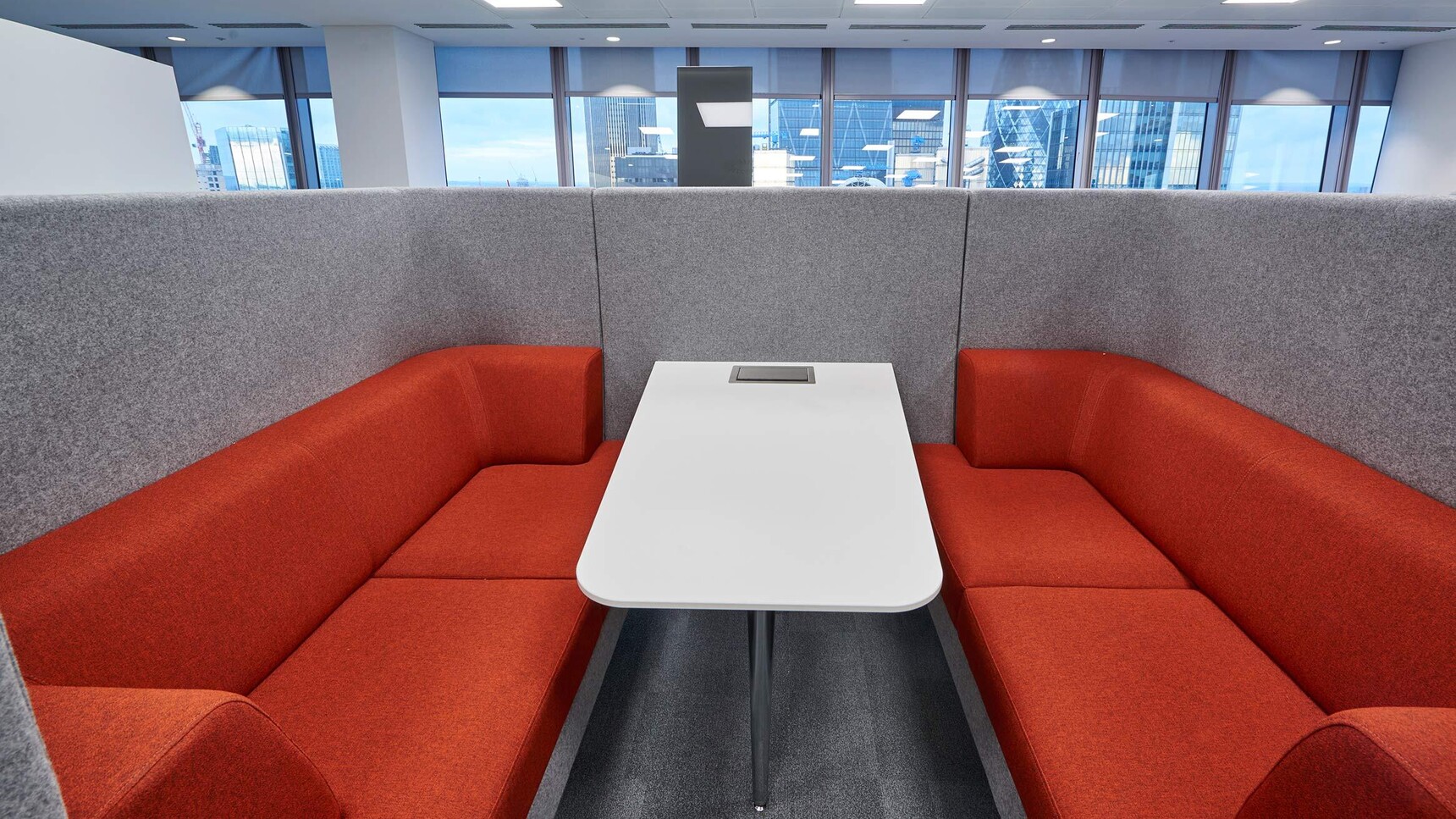 Boss Design Entente Two Seater High-Back Privacy Booth Grey Orange Upholstery Family Image