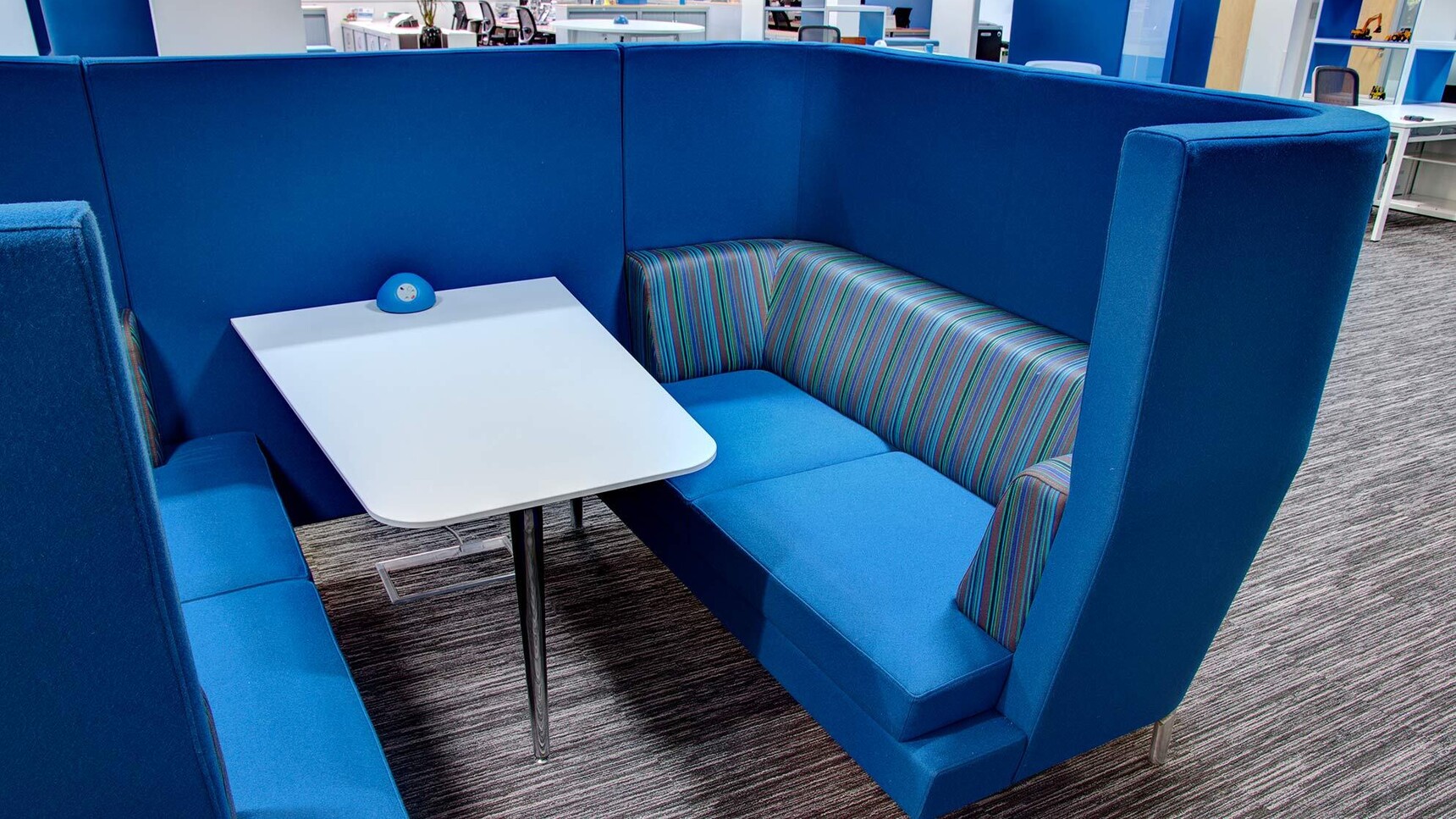 Boss Design Entente Two Seater High-Back Privacy Booth Blue Upholstery White Table Detail Image