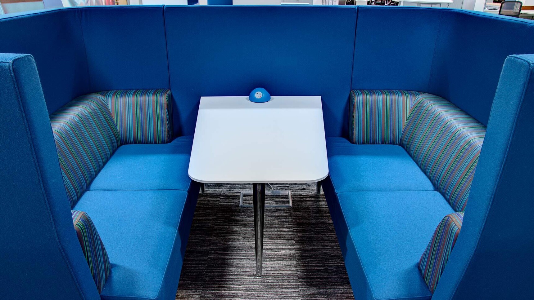 Boss Design Entente Two Seater High-Back Privacy Booth Blue Upholstery Detail Image