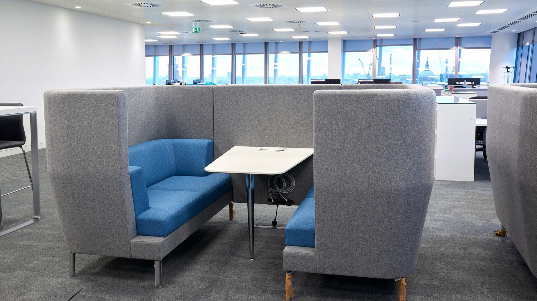 Boss Design Entente Two Seater High-Back Privacy Booth Grey Blue Upholstery In Office Setting