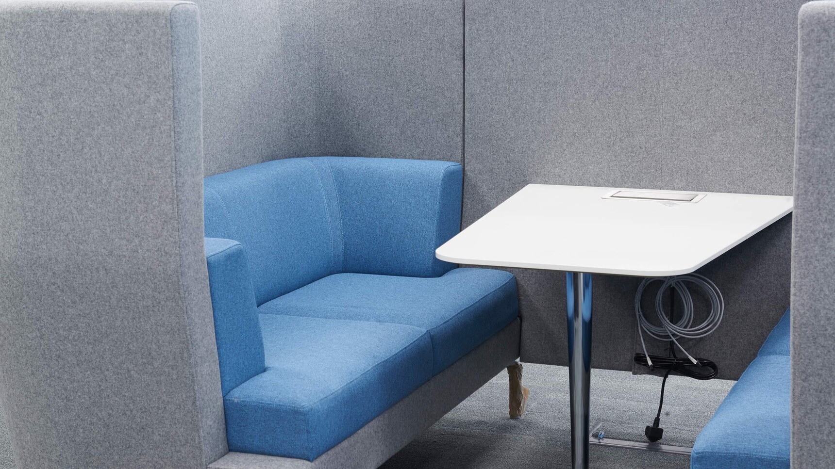 Boss Design Entente Two Seater High-Back Privacy Booth Grey Blue Upholstery Detail Image