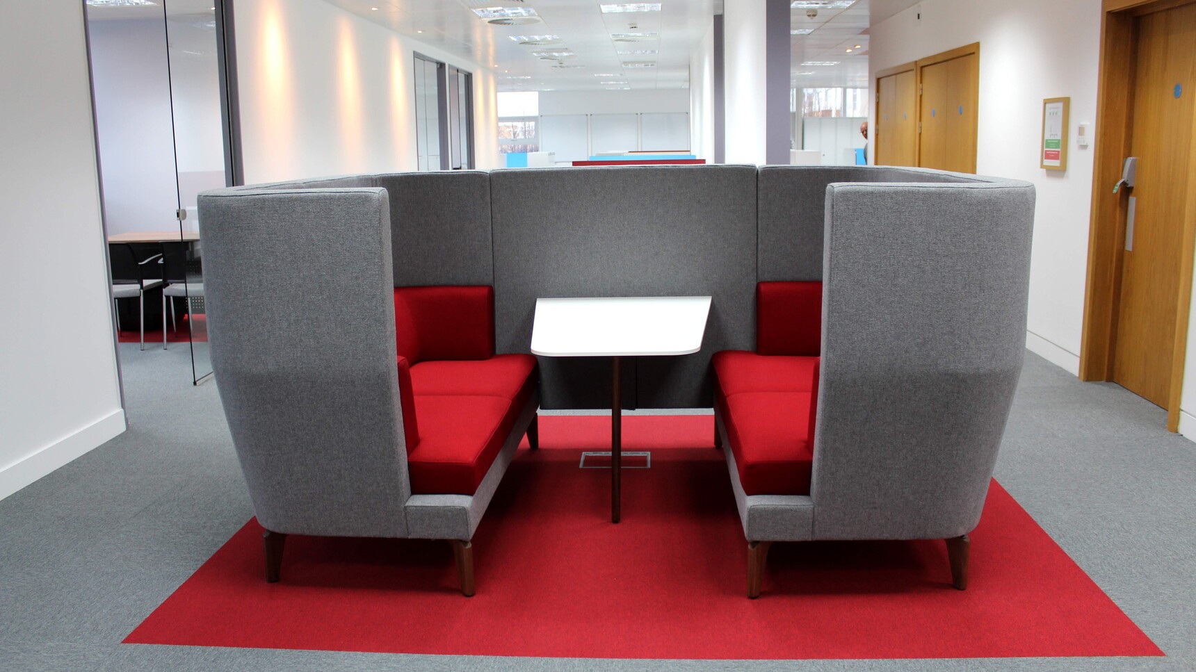 Boss Design Entente Two Seater High-Back Privacy Booth Grey Red Upholstery In Office Setting