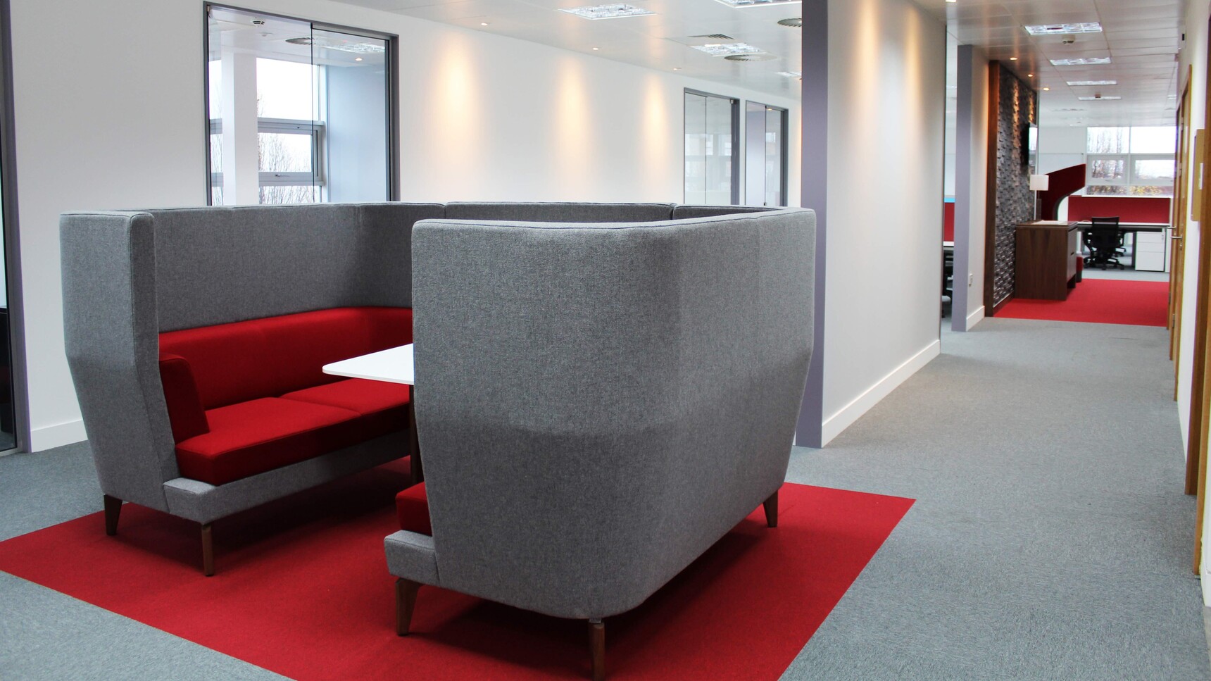 Boss Design Entente Two Seater High-Back Privacy Booth Grey Upholstery In Office Setting