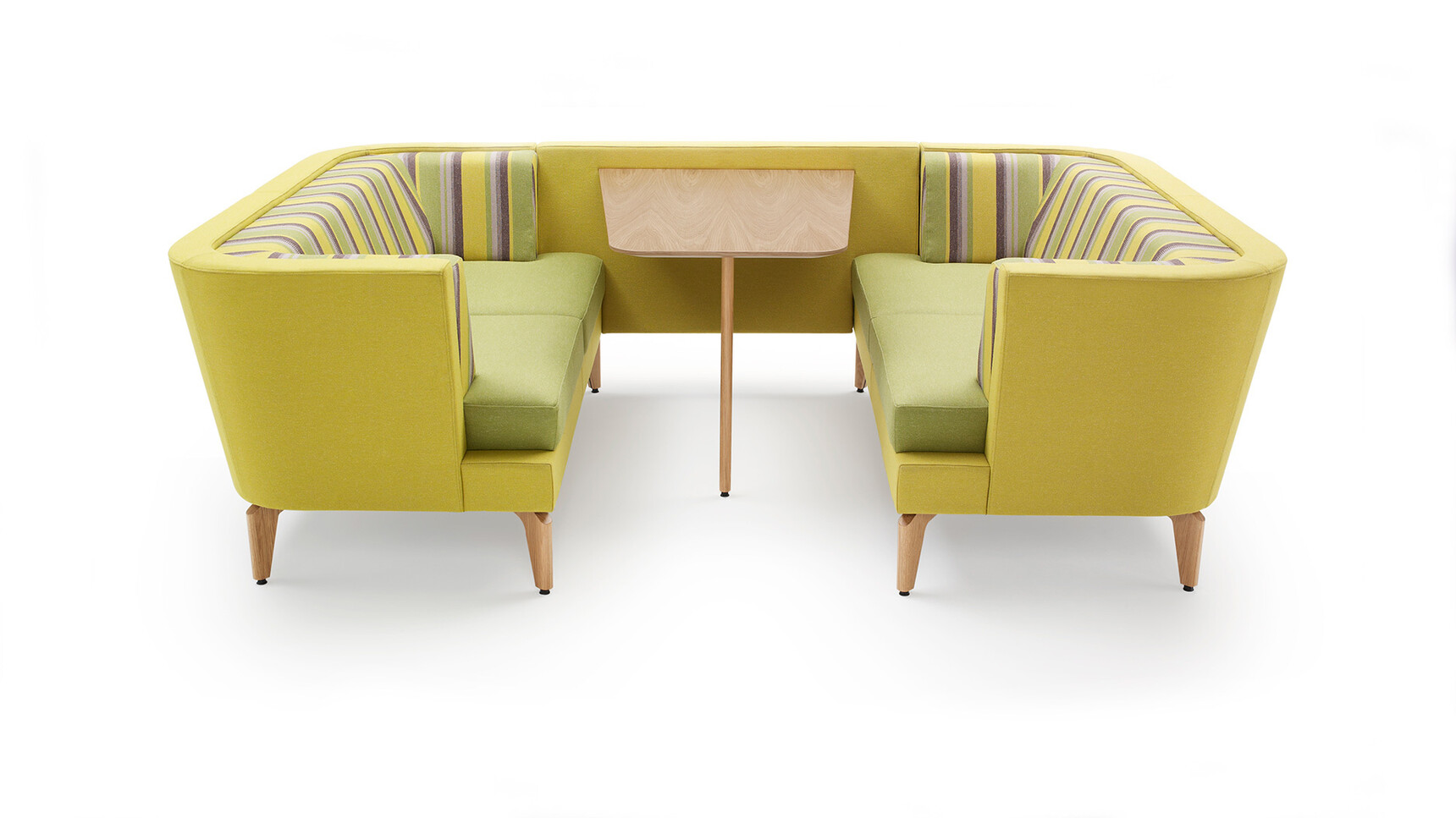 Boss Design Entente Two Seater Low-Back Privacy Booth Green Upholstery Front Angle Family Image