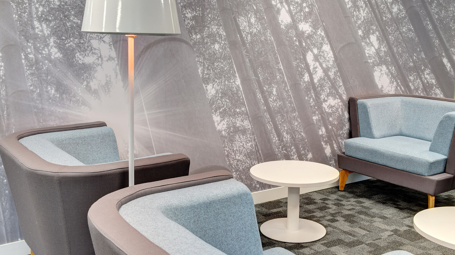 Three Boss Design Entente One Seater Low-Back Chairs Blue Grey Upholstery Detail Image