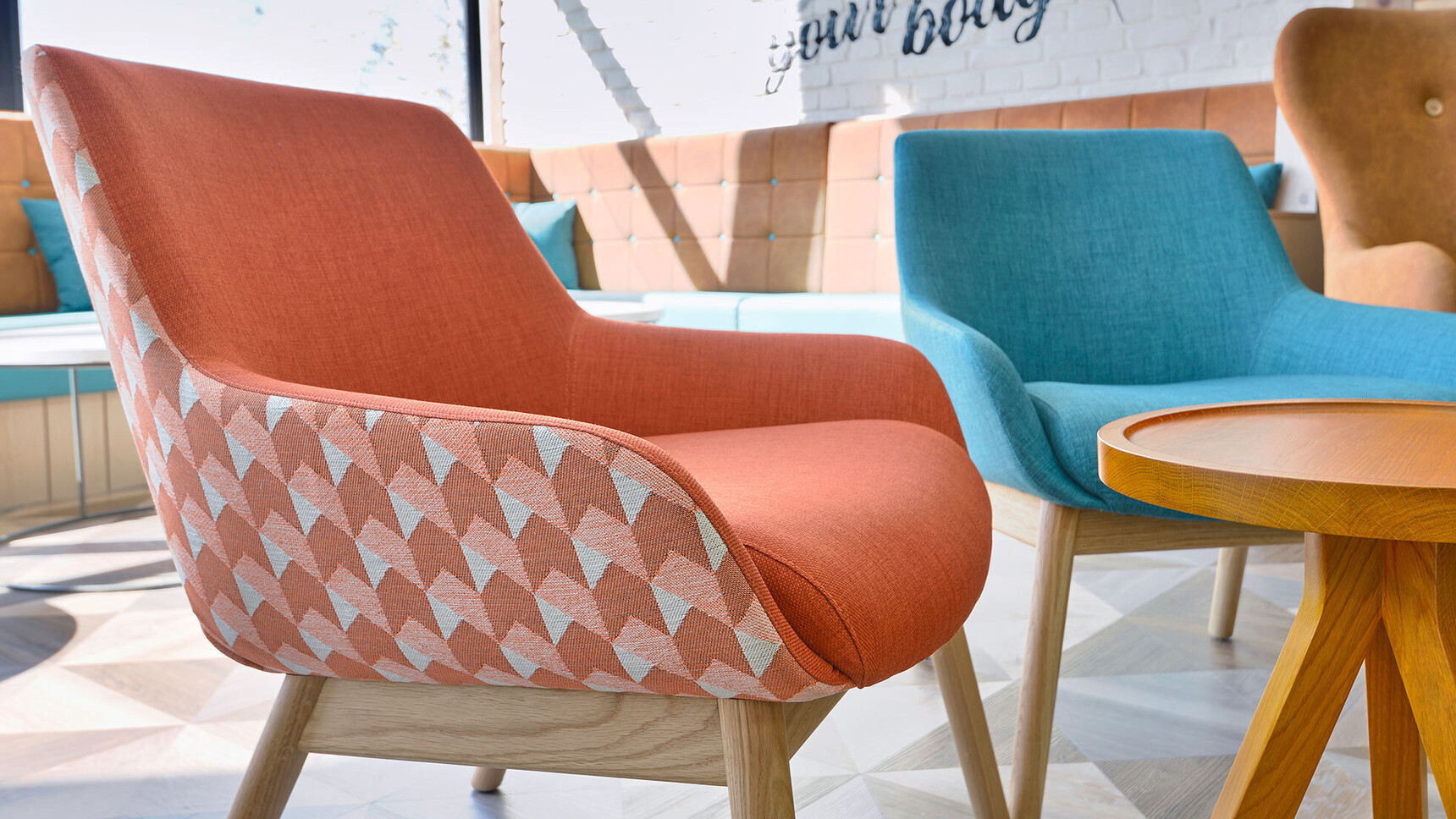 Boss Design Marnie Mid Back Wood Base Lounge Chairs Orange Seat Detail Image