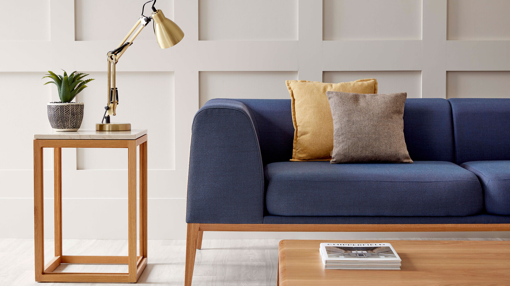 Boss Design Maysa Compact Sofa Blue Upholstery Side Table And Coffee Table Family Image