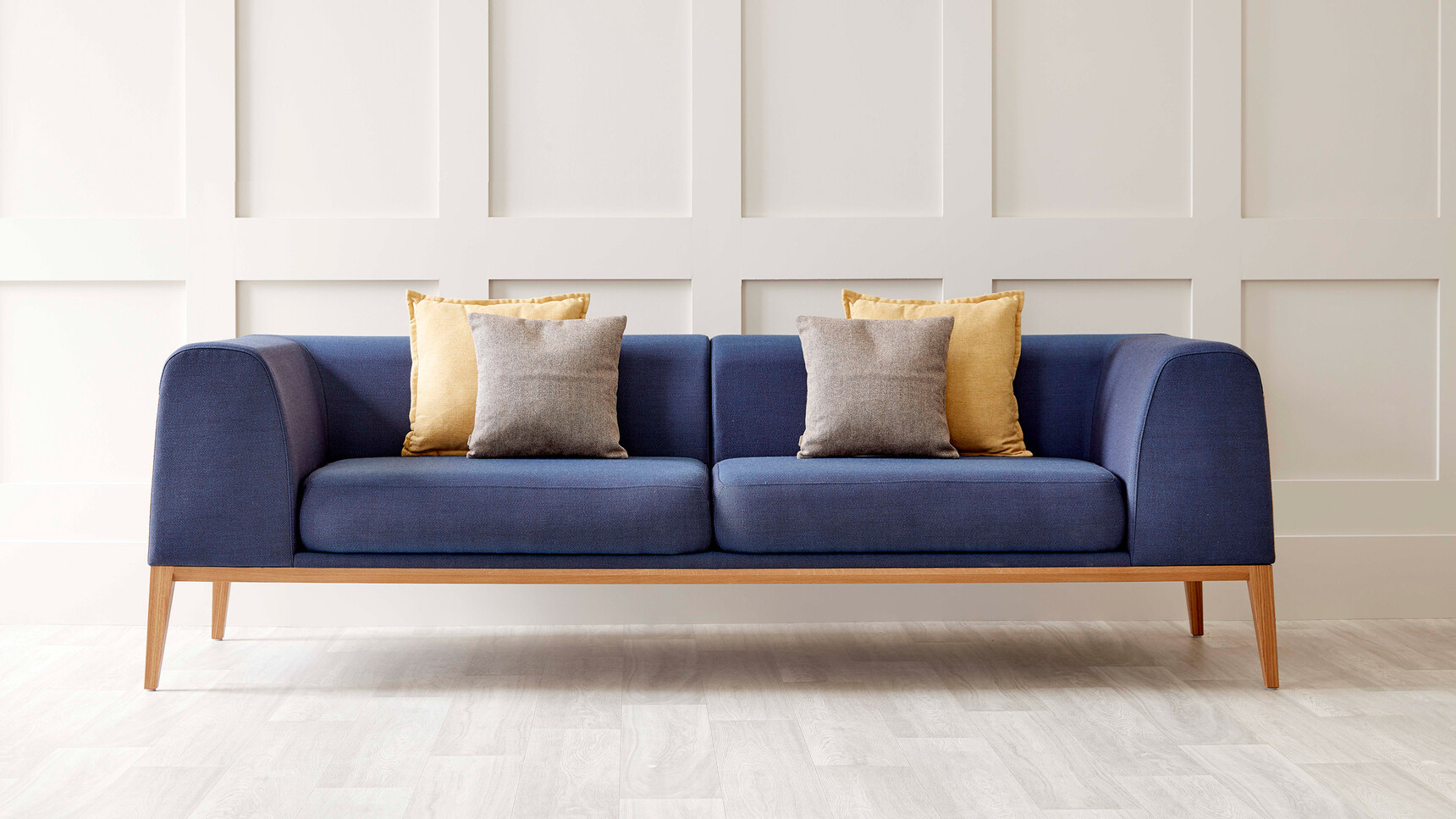 Boss Design Maysa Large Sofa Blue Upholstery Pillows Oak Frame Family Image