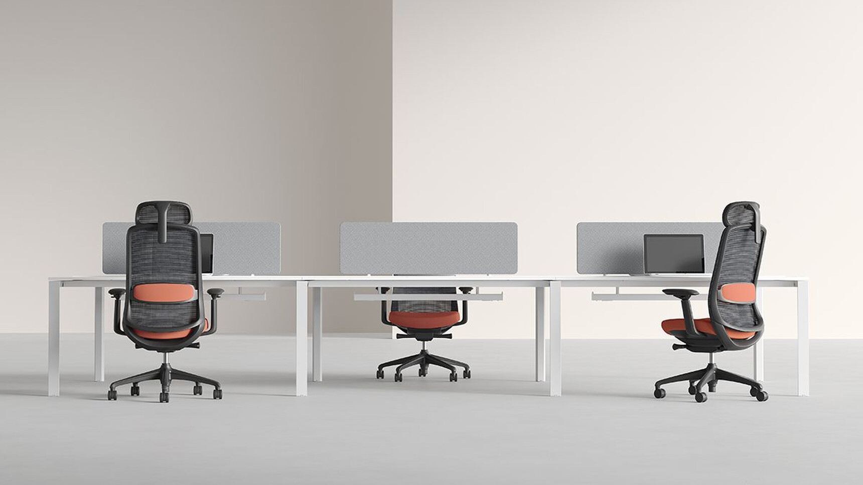 Elite Solo Mesh Back Office Chairs With Headrests At Bench Desk In Office Setting