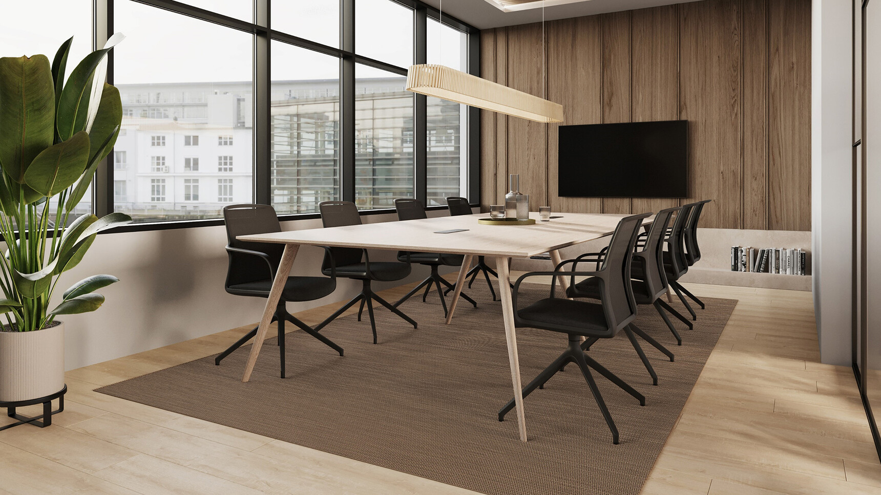 Workstories Air Wooden Meeting Table Single Top Four Chairs At Table In Office Setting