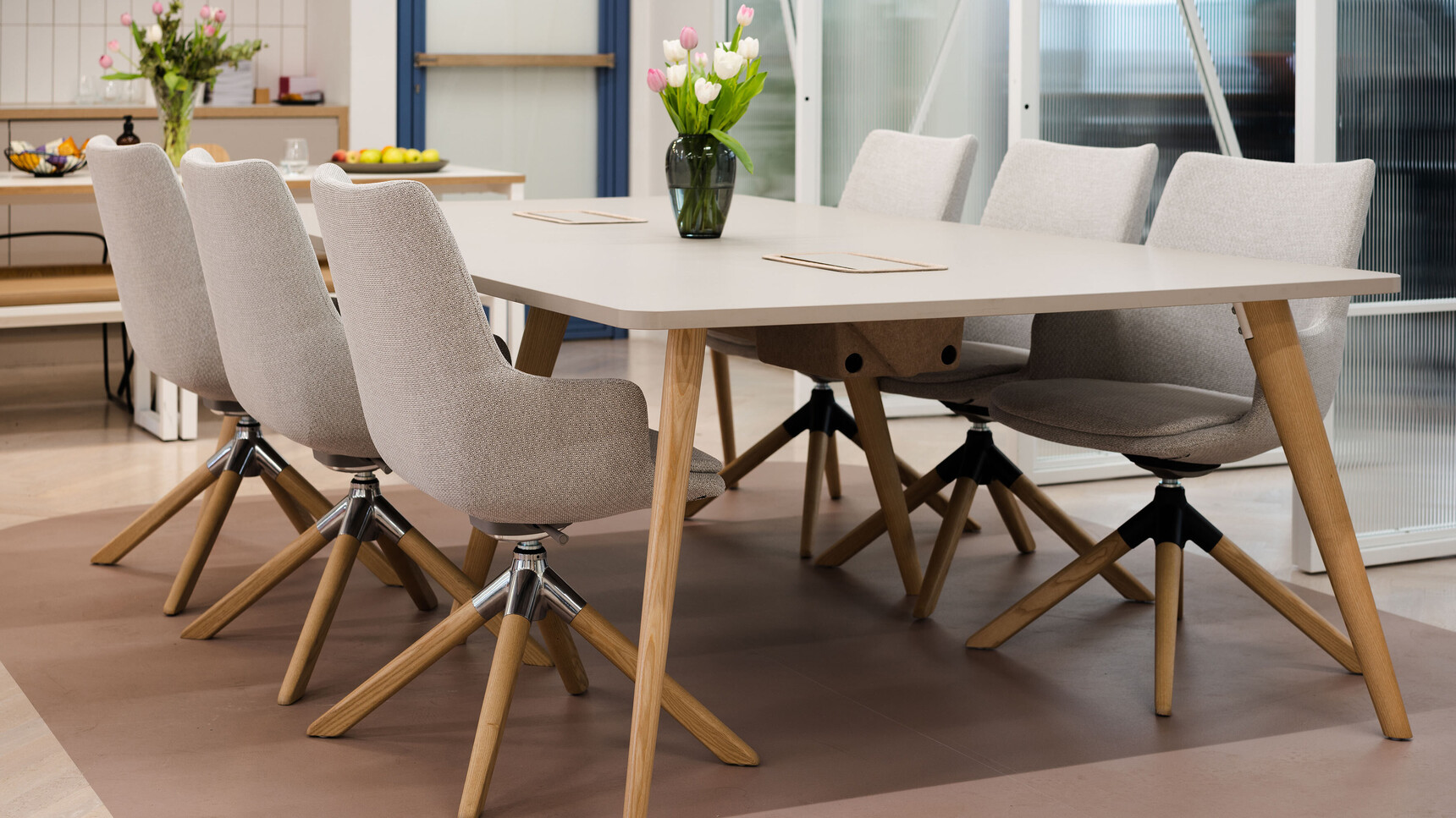 Workstories Air Wooden Meeting Table Single Top Six Chairs In Office Setting