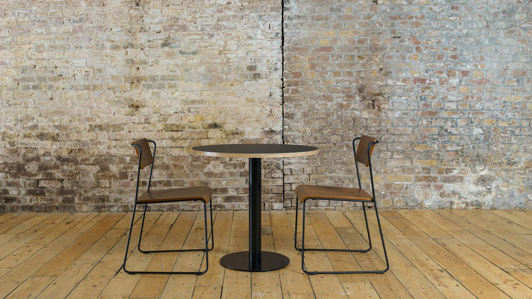 Workstories Pedestal Round Café Table With Round Base With Two Chairs Family Image