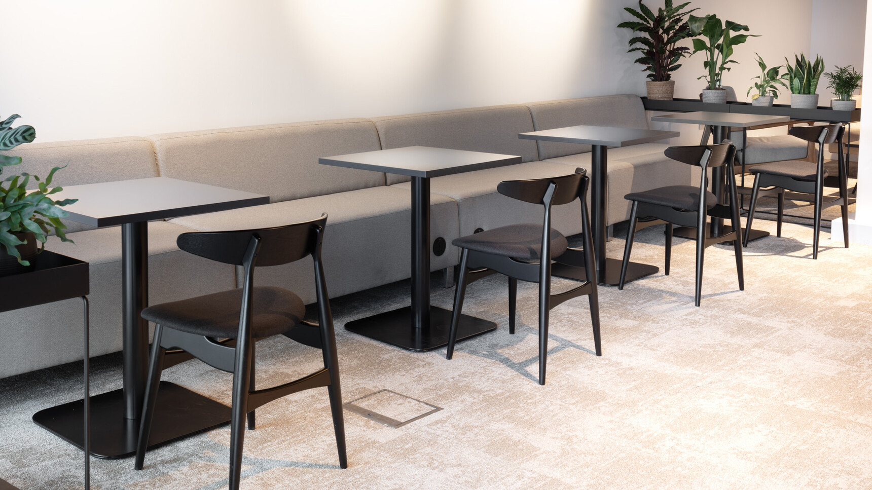 Workstories Pedestal Square Café Table With Round Base Black Finish Family Image