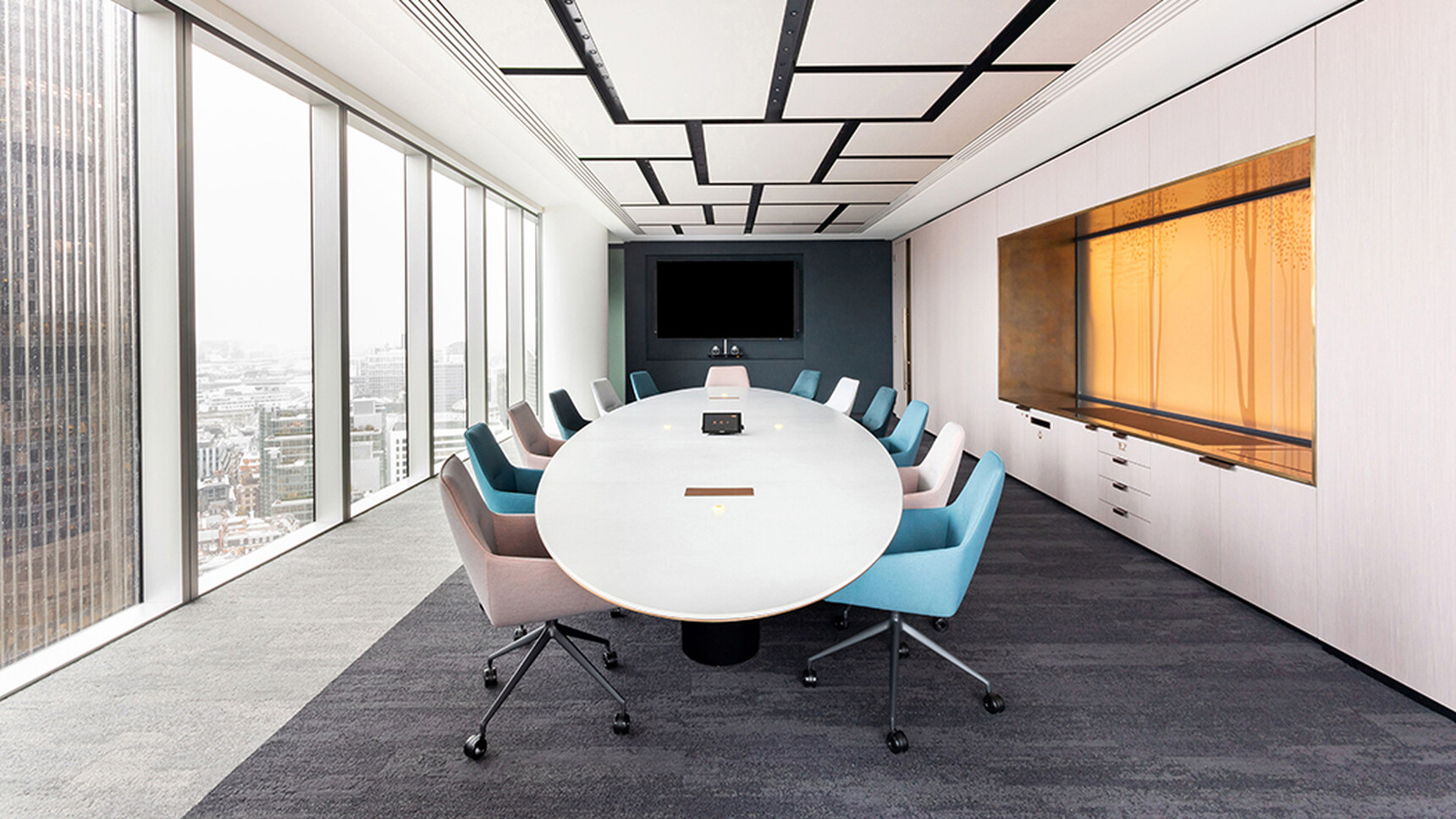 Brunner Ray Soft Swivel Mid Back Chairs With Integrated Arms Four Star Base On Glides In Office Setting