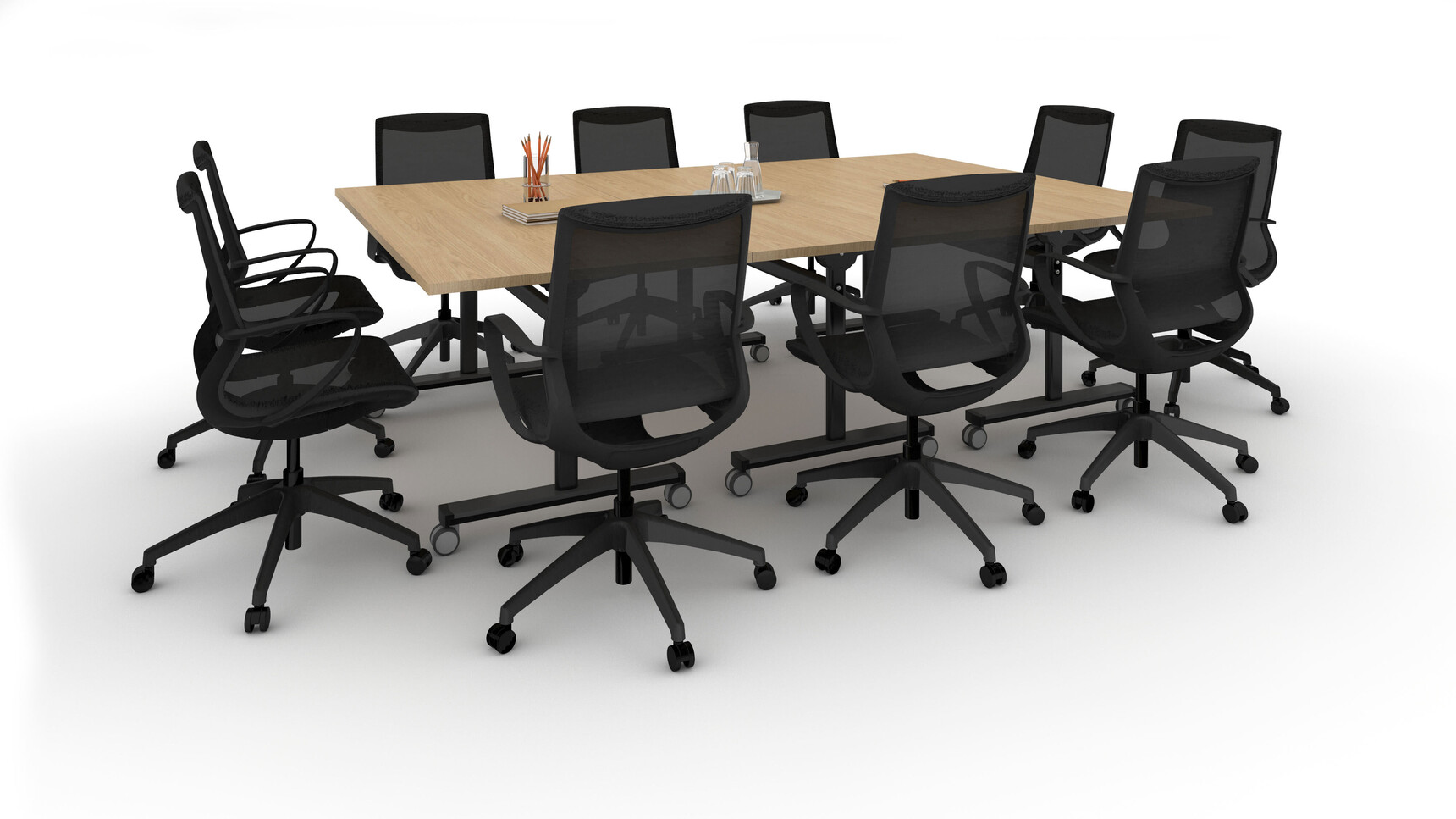 Workstories FlipTop Black Frame Portofino Cherry Top With Chairs Family Image