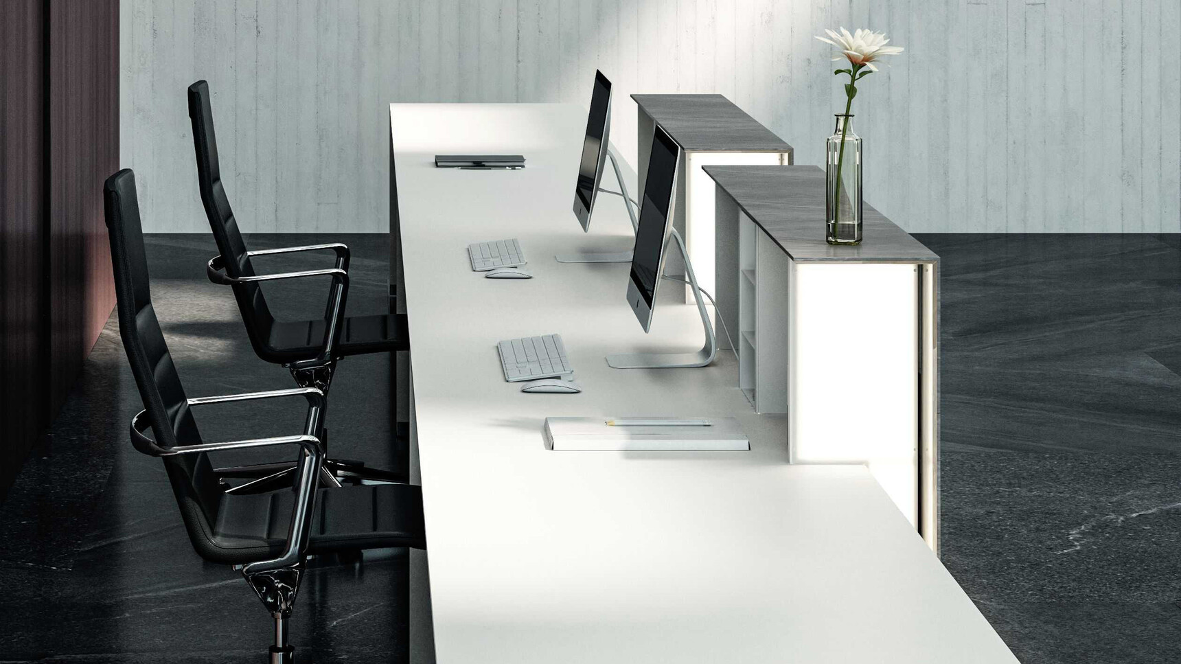Bralco Lux Reception Counter White Finish With Chairs In Situ