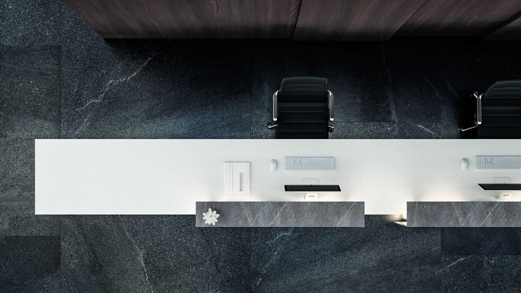 Bralco Lux Reception Counter White Finish With Chairs Overhead In Office Environment