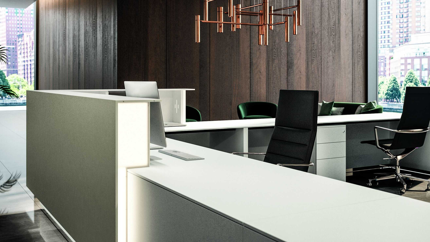 Bralco Lux Reception Counter White Finish With Chairs In Office Environment