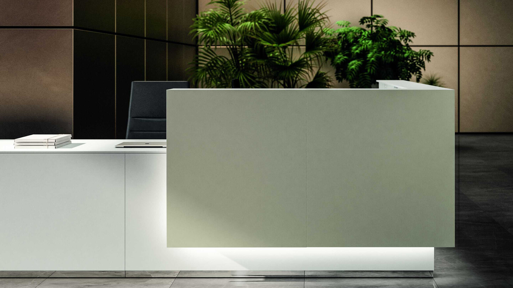 Bralco Lux Reception Counter White Finish With MO Shelf Finish In Office Setting
