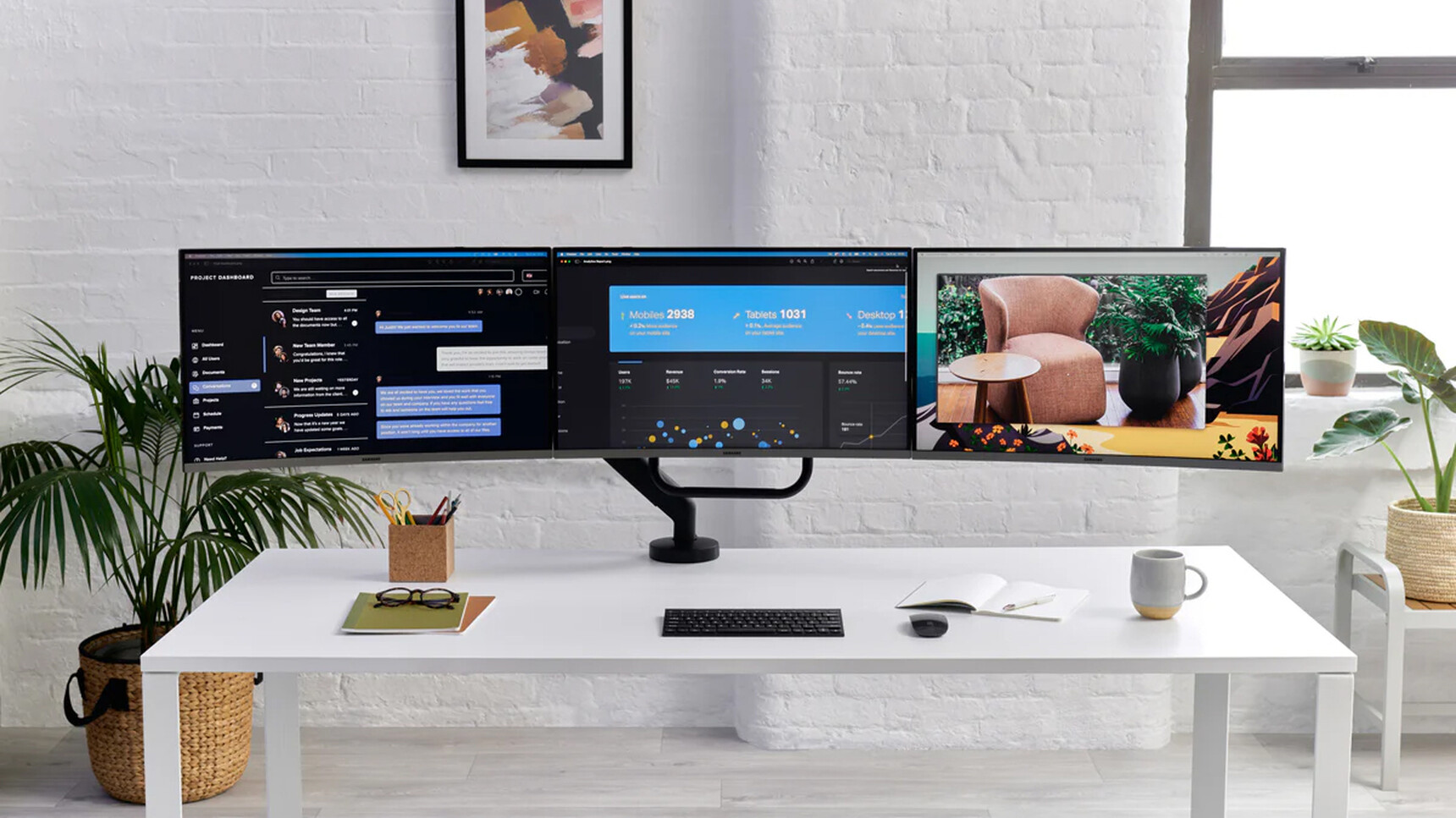 CBS Flo X Multi Monitor Arm Triple Monitors Black Finish In Office Setting