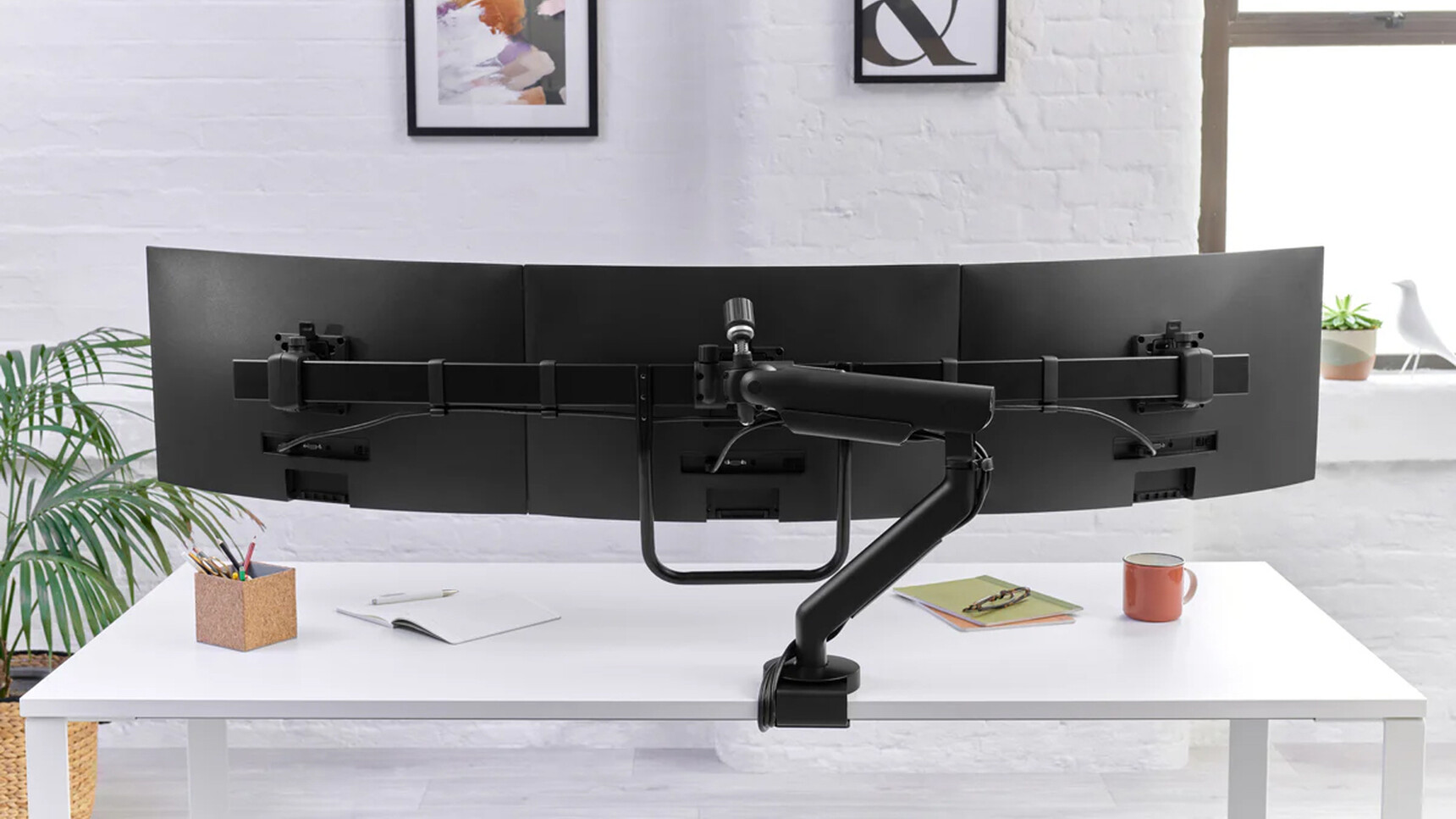 CBS Flo X Multi Monitor Arm Triple Black Finish In Office Setting