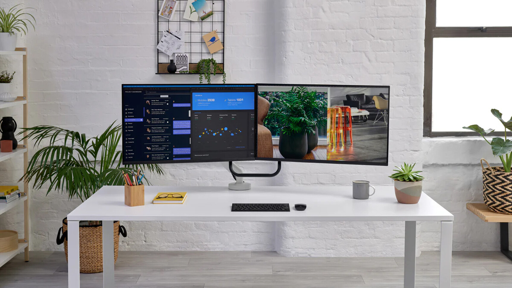 CBS Flo X Multi Monitor Arm Dual Monitor White Finish On Desk In Office Setting