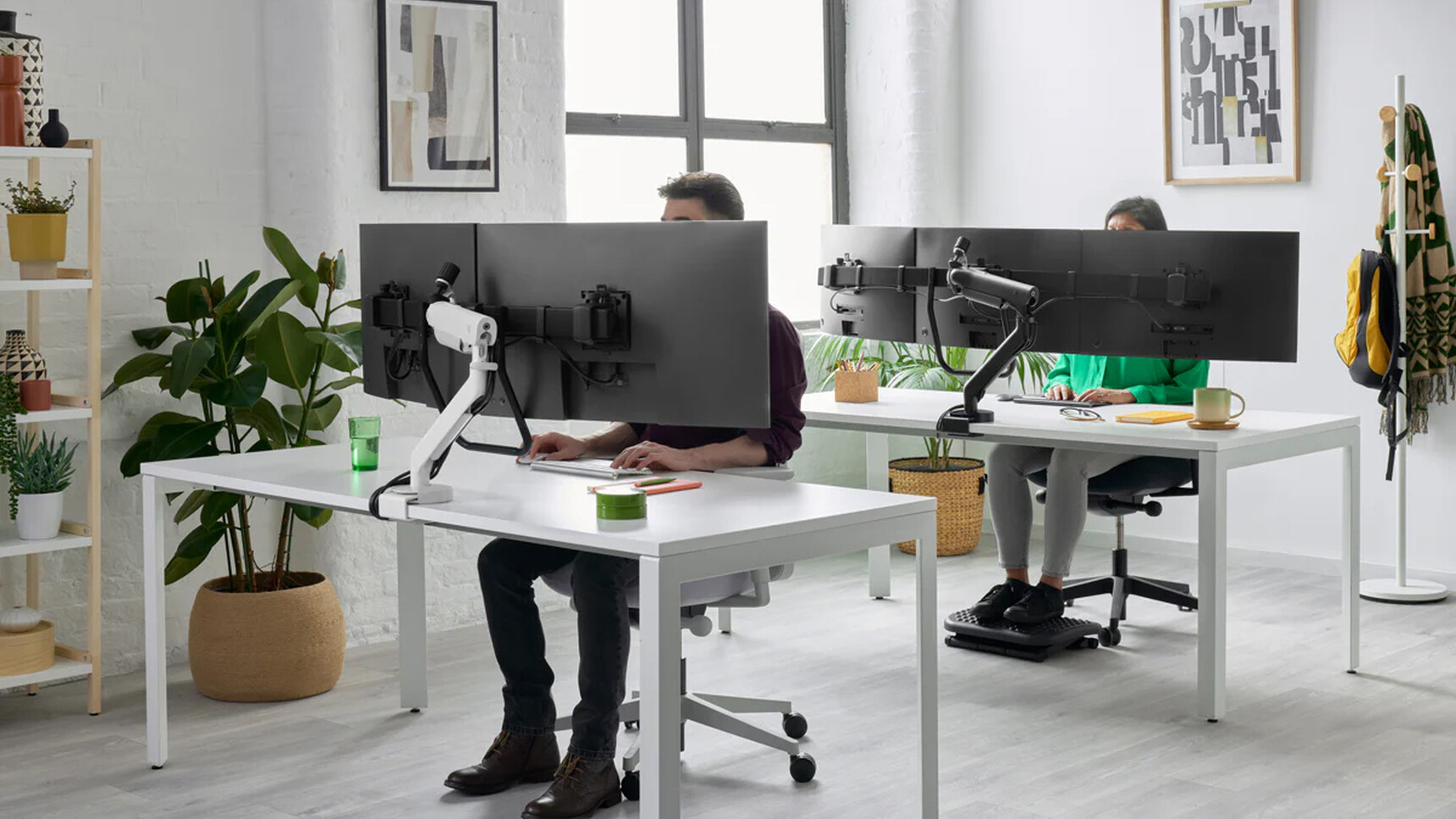 CBS Flo X Multi Monitor Arm Dual Monitor White Finish On Desk & Triple Monitor In Office Setting