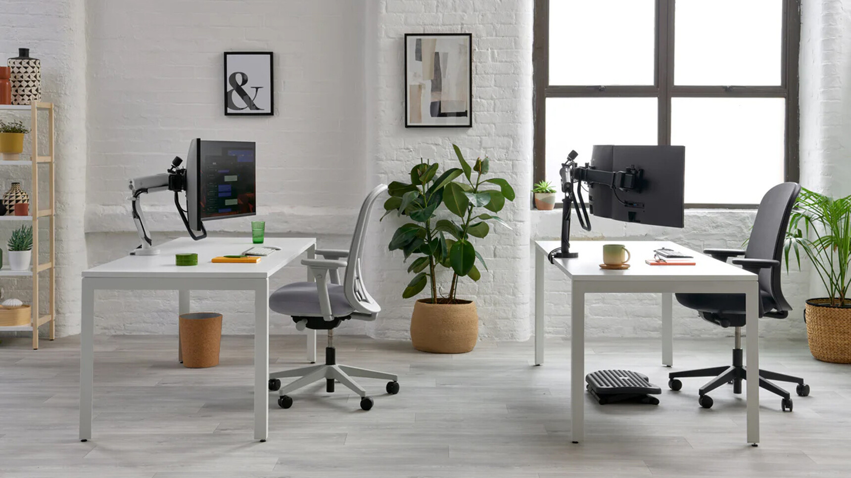 CBS Flo X Multi Monitor Arm With Dual Monitors On White Desk In Office Environment