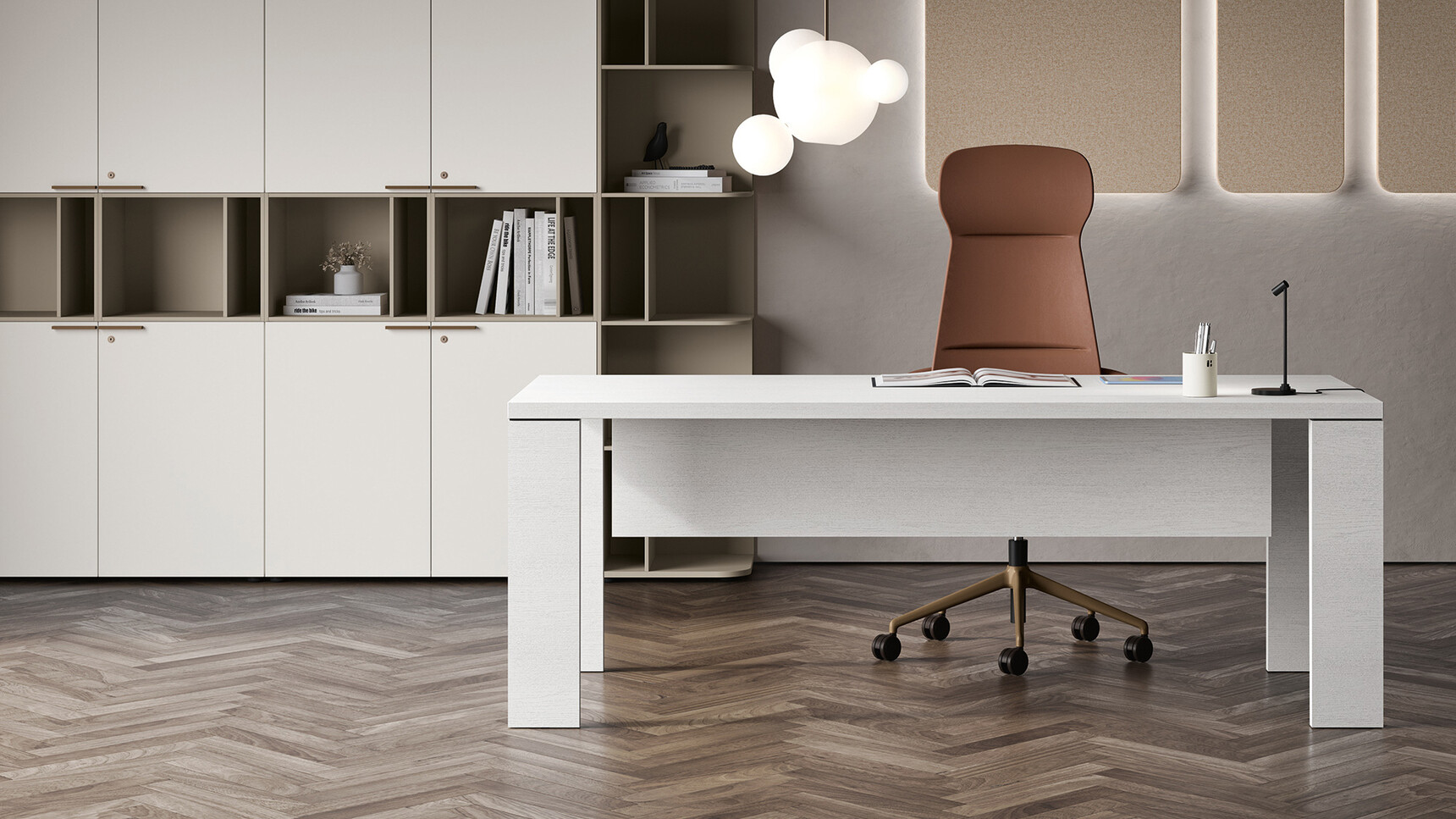 Bralco Sile 4 Executive Office Desk White Wood Finish With Chair In Office Setting