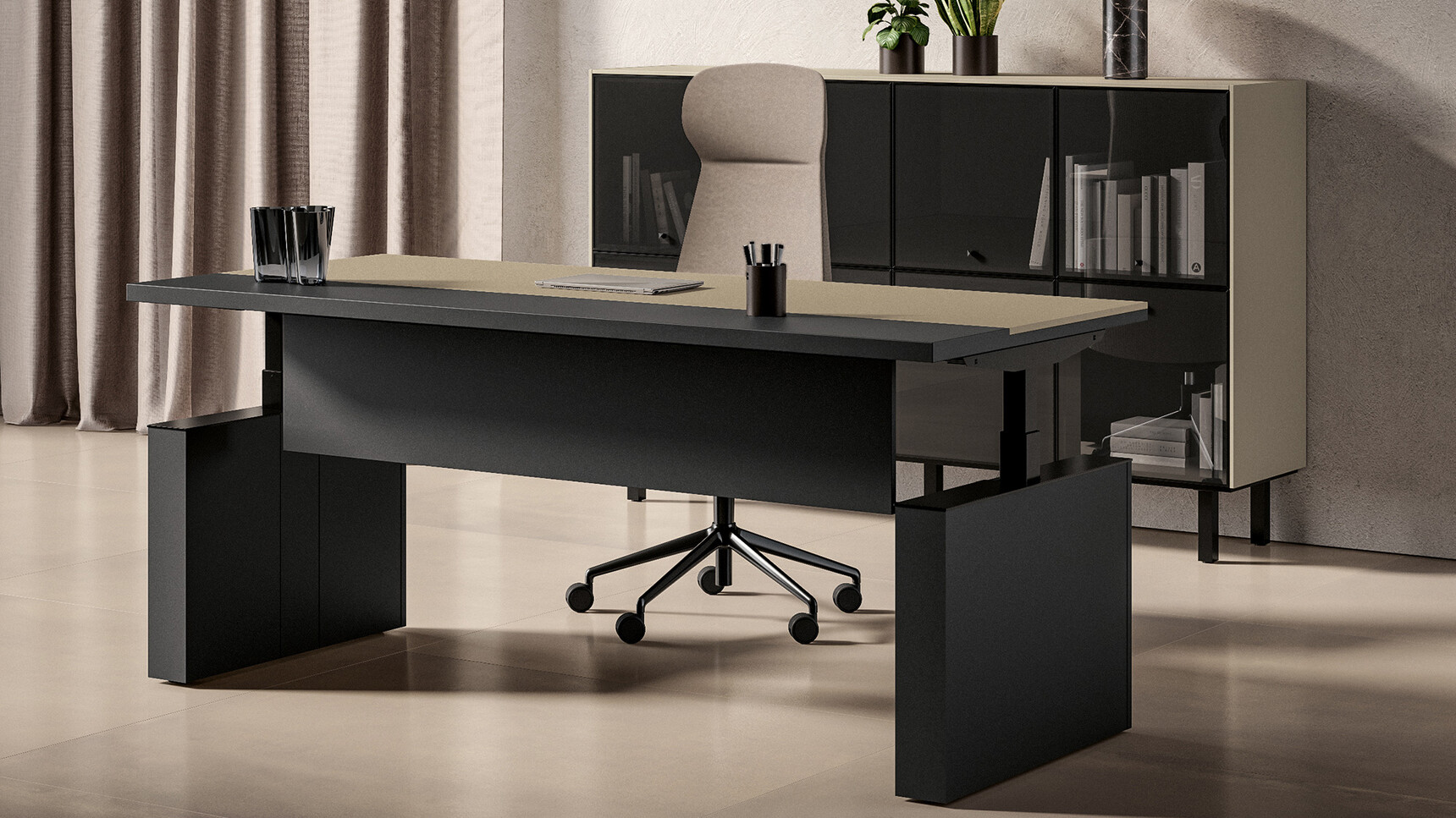 Bralco Sile e Height Adjustable Executive Desk With Leather Insert In Office Setting